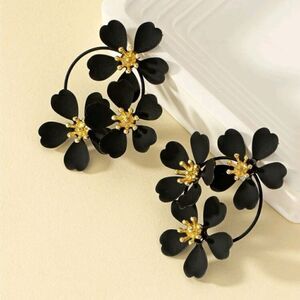Black Flowers Round Floral Earrings